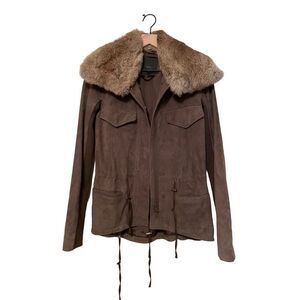 Veda Leather Jacket with Removable Rabbit Fur Collar- Medium